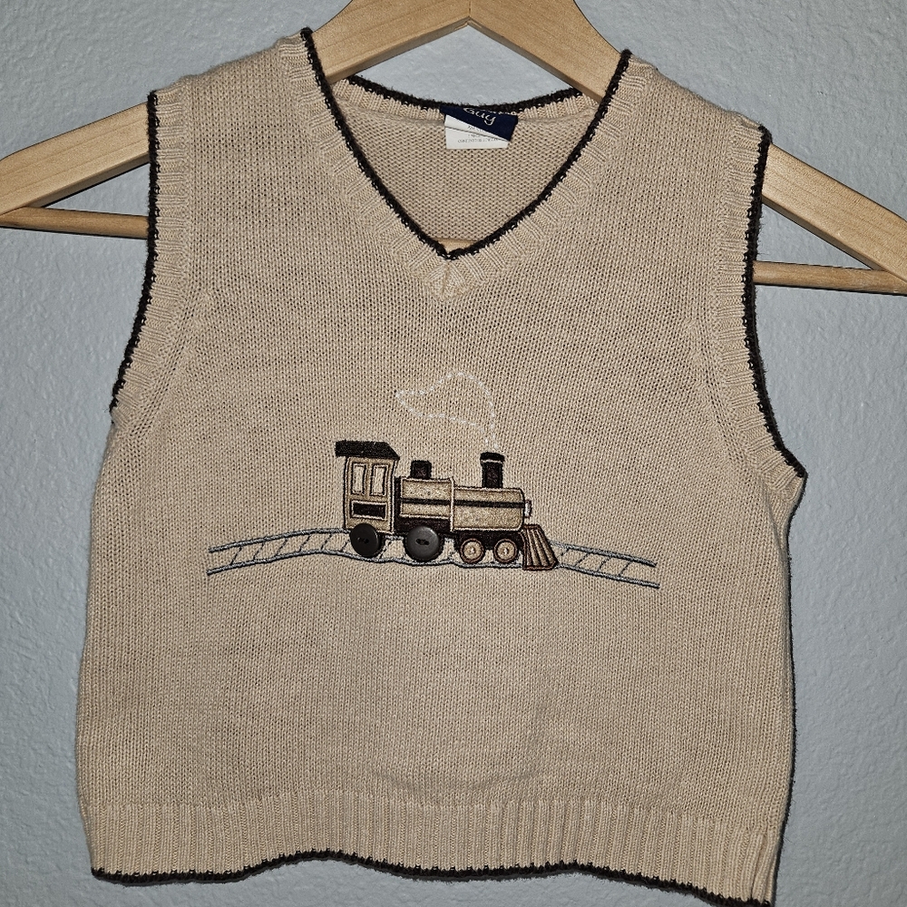 Great Guy Sweater Vest 3T Toddler Boys Tan Train Embroidery